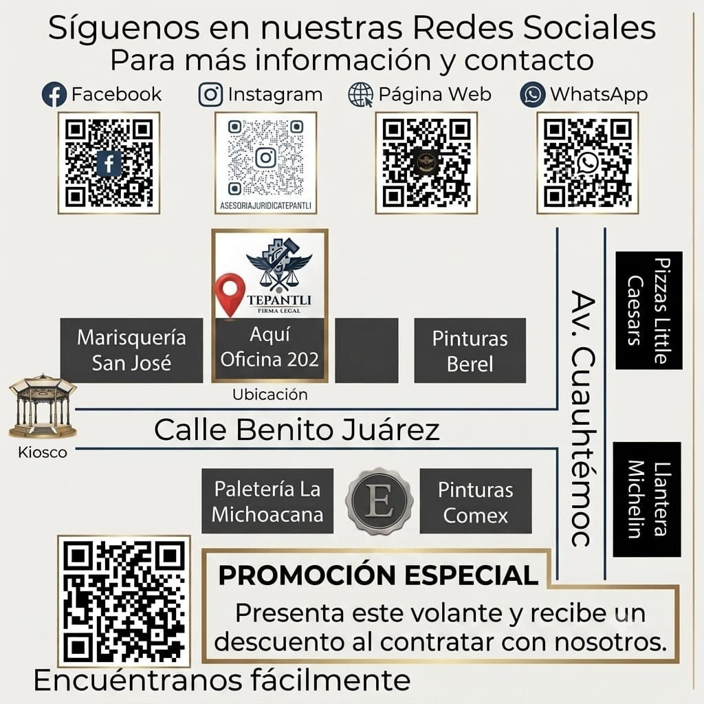 Redes sociales, códigos QR y referencias de ubicación de Firma Legal Tepantli